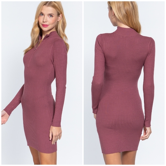 Dark Mauve Sweater Ribbed Fitted Long Sleeves Dress - Picture 7 of 7